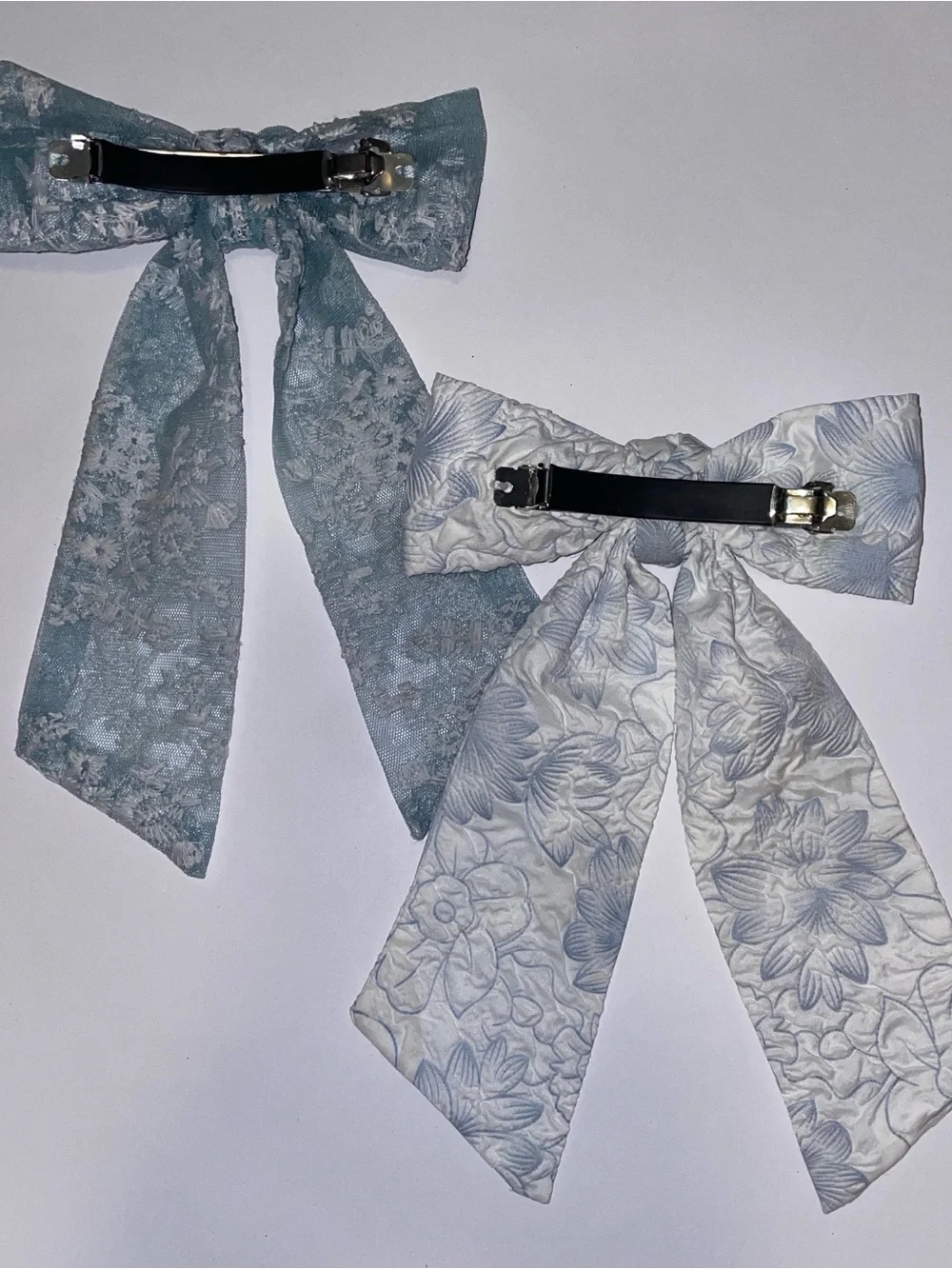 Cottage Core Floral Bow Hair Clips — Blue & White